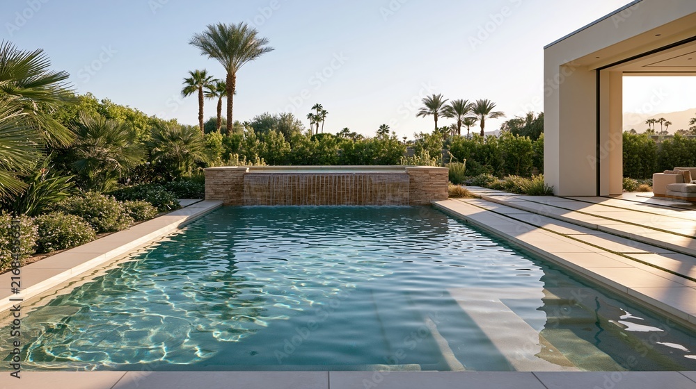 Naklejka premium Luxury modern desert oasis with infinity pool, waterfall, and palm trees at sunset