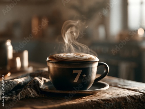 7. Steaming cup of coffee with latte art, in a cozy farmhouse kitchen, soft natural morning light, cinematic photorealistic style, ideal for marketing campaign. 