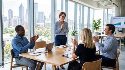 Business team clapping and smiling during a corporate meeting in a modern skyscraper office