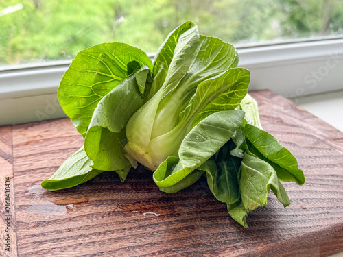 Foto Fresh organic bok choy cabbage on a neutral background, healthy green leafy vege