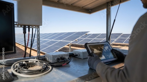 Engineer monitoring solar panel performance data on tablet in control room overlooking renewable