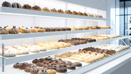 Bright and clean pastry shop interior showcasing sweet treats and chocolate cookies on glass counter