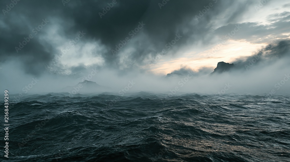 Obraz premium Dramatic stormy ocean waves with fog shrouded islands and moody sky at dawn