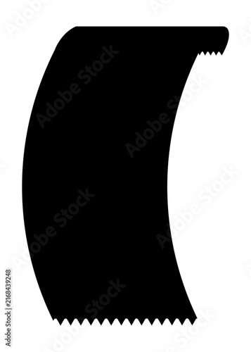 Bold black curved abstract shape with serrated top and bottom edges on white background, minimalist high contrast composition with rounded contour and asymmetric flowing form
