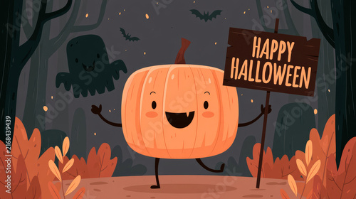 spooky cute pumpkin with happy halloween sign on autumn background illustration