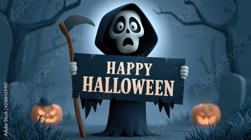 cute grim reaper holding happy halloween sign in a spooky night scene illustration