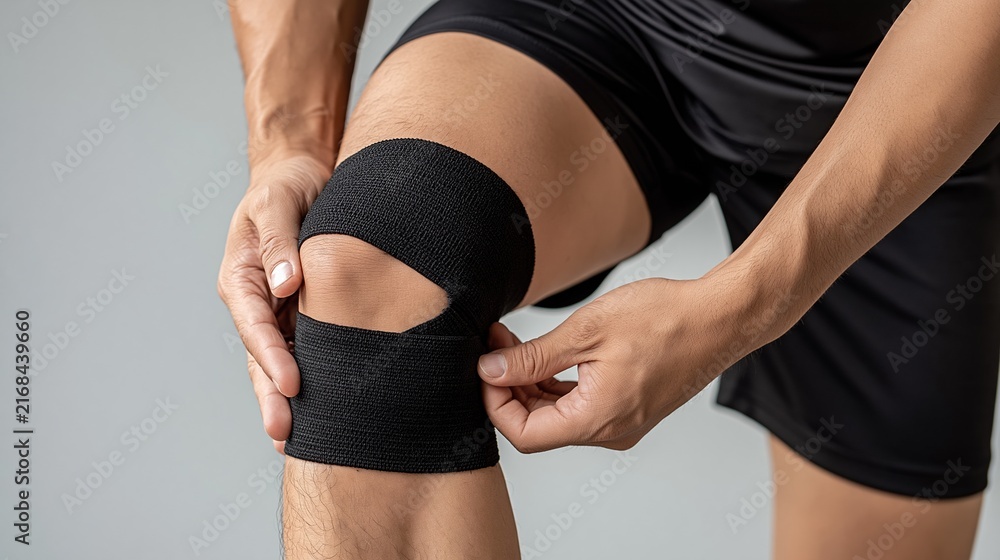 Fototapeta premium Close-up of athlete applying adjustable black knee support brace for injury prevention and pain relief
