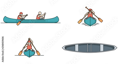 Canoes And Paddlers Colorful Vector Illustration Set On White Background