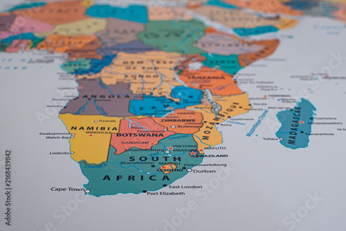 Close-up view of a colorful political map focusing on Southern Africa and Madagascar.