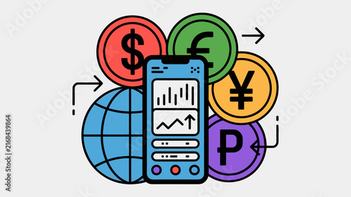 Mobile banking app vector illustration, global currency exchange on smartphone screen, online trading and finance concept