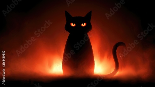 black cat on fire background on halloween illustration