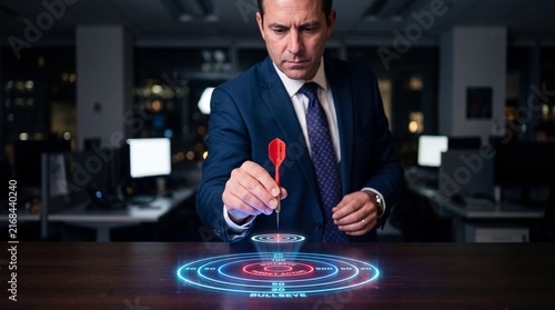 Businessman in suit aiming red dart at glowing holographic bullseye on desk business strategy