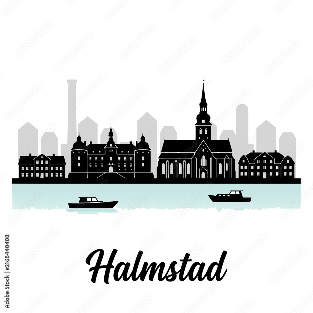 Naklejka premium Halmstad Sweden City Skyline Silhouette Vector Illustration with Halmstad Castle and River