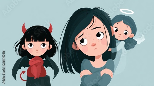 cute illustration of a thoughtful woman with an angel and a devil representing an inner moral dilemma