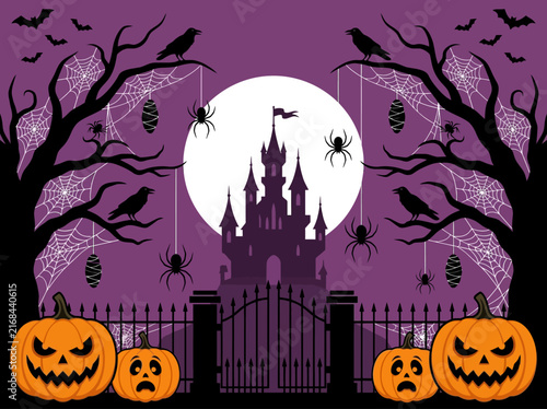 Foto Spooky Halloween Night Illustration with Haunted Castle, Jack-O-Lantern Pumpkins