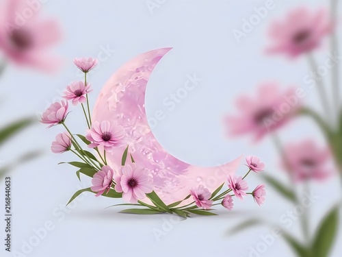 Pink crescent moon with floral arrangement and green leaves on transparent background