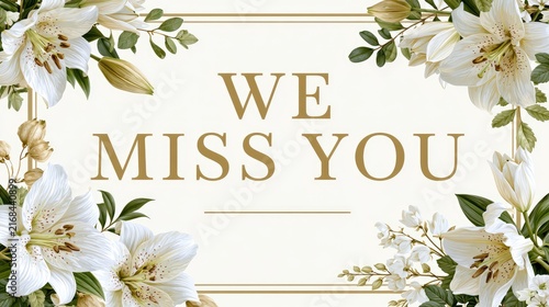 elegant memorial card with white lily flowers and WE MISS YOU text illustration