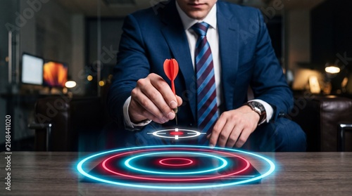 Businessman placing red dart on glowing holographic target interface on desk business strategy