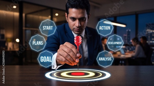 Businessman placing red dart on holographic target with business around business strategy