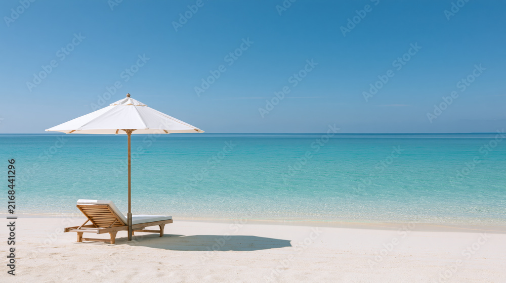 Fototapeta premium Tropical beach with turquoise water, white sand, and sun umbrella create peaceful coastal escape under clear blue sky and calm horizon
