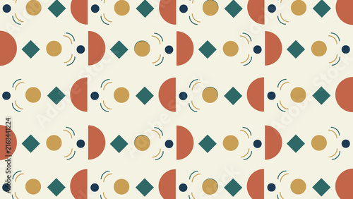 Quadro su tela Repeating pattern of geometric shapes including semicircles, diamonds, and circles in a structured grid, ideal for textile design and modern decorative backgrounds