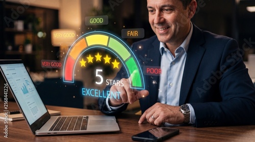 Businessman pointing at 5 stars satisfaction rating hologram gauge at desk suit shirt