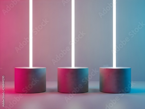 Three concrete podiums with neon lights and colorful gradient lighting on transparent background