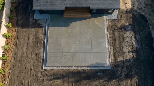 Aerial view of modern house with concrete patio and construction site surroundings
