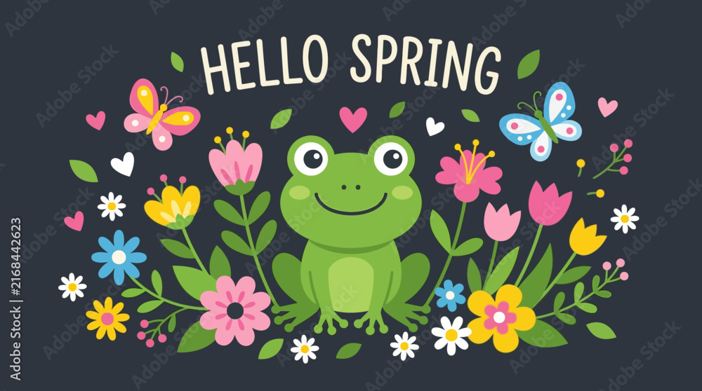Fototapeta premium Cute cartoon frog sitting surrounded by colorful spring flowers and butterflies with hello spring greeting text overhead.