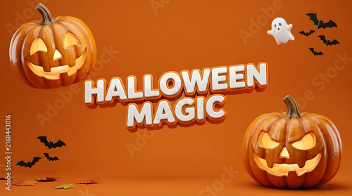 Jack-o'-lanterns with flying bats and ghost during Halloween celebration with warm glow