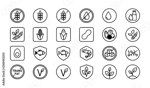 Food allergen warning and dietary label icon set with gluten lactose soy sugar vegetarian organic symbols