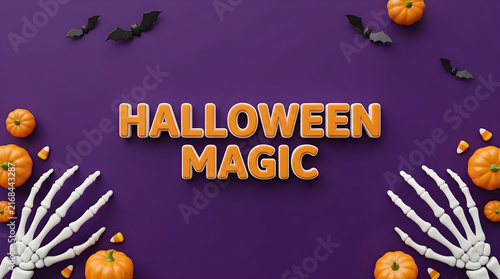 Halloween magic with pumpkins and skeletons on a purple background