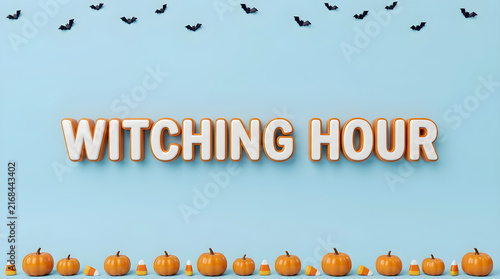 Witching Hour text with pumpkins and bats on a blue background for Halloween