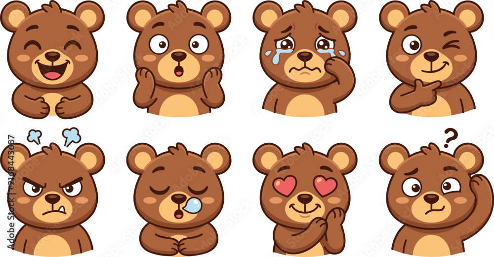 Fototapeta premium Cute cartoon brown bear face avatar set with various facial expressions and emotions including happy surprised crying winking angry sleeping in love and confused vector illustration 
