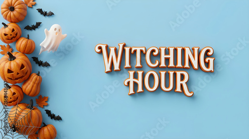 Halloween pumpkins and bats with ghost during witching hour on blue background