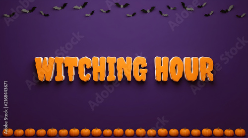 Orange Witching Hour text with bats and pumpkins on purple background concept