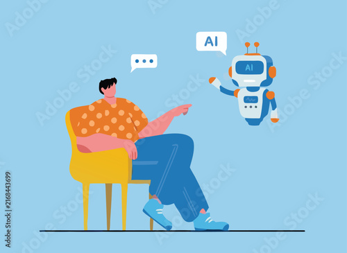 Man sitting in a chair talking to a friendly ai robot assistant