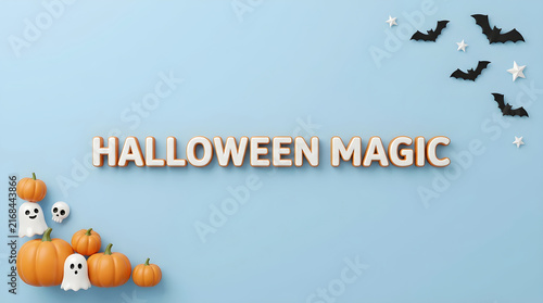 Halloween pumpkins and ghosts with bats on a pastel blue background for festive decorations