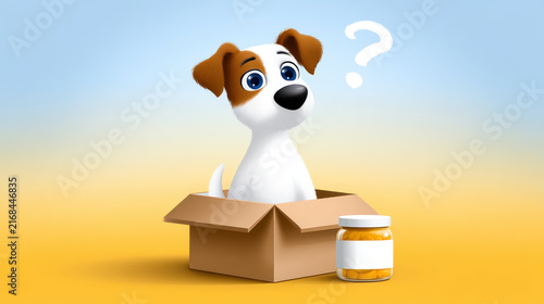 Curious pet centric dog in cardboard box with question mark showing lifestyle confusion near jar of pills representing pet services care