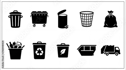 Collection of black waste management icons with black vector icons waste bins recycling symbols garbage truck trash bags white illustration environment sanitation