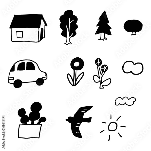House, Car, Tree, Flower, Bird, Cloud—Line Art