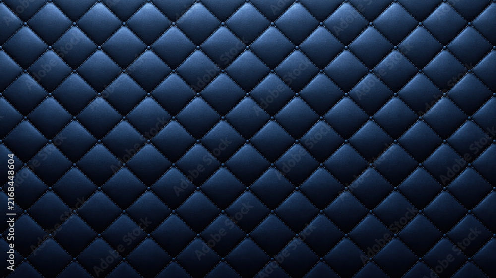 Naklejka premium Quilted dark blue leather pattern background with padded diamond texture, soft lighting, and minimalist copy space for luxury design