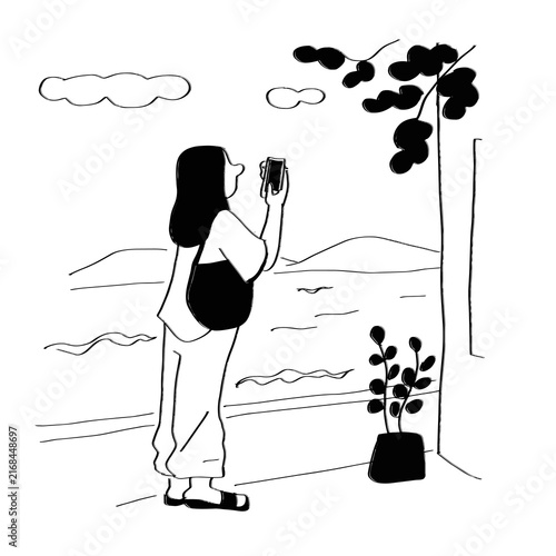 Line drawing of a woman taking a photo with her cell phone