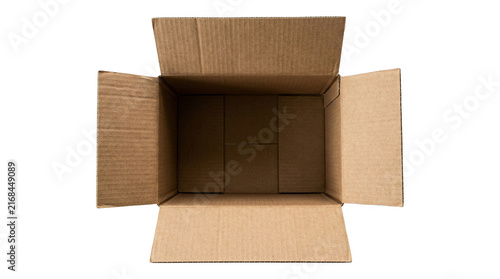 Cardboard box mockup open and empty, isolated on transparent background for packaging, shipping, and delivery
