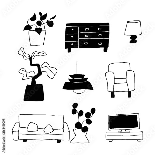 Living Room, Furniture, Plants, Line Art