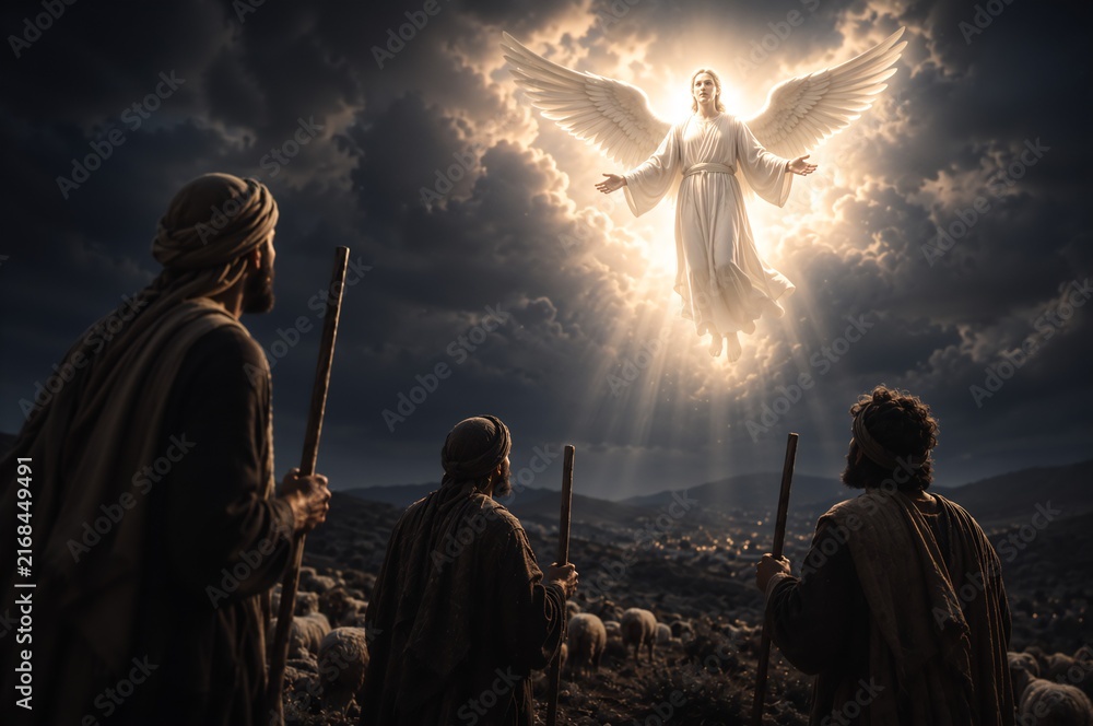 Fototapeta premium Bright angel appearing to shepherds in field at night. Christmas nativity story and announcement of Jesus birth. Biblical miracle and Christian faith concept