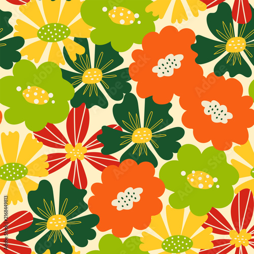Floral seamless pattern in bright colors. Retro background, summer mood. Blossom floral seamless print. Vector pattern for various surface. Creative floral design. Blooming meadow background