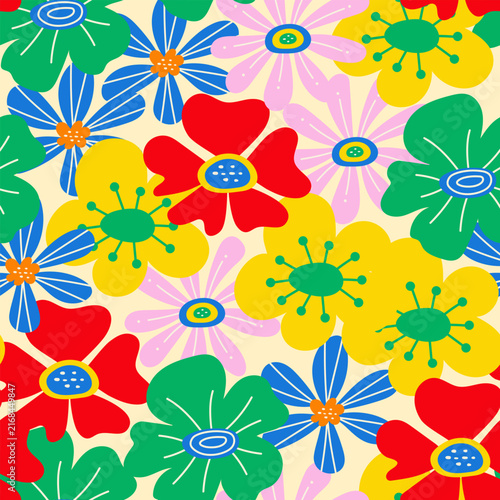 Floral seamless pattern in bright colors. Retro background, summer mood. Blossom floral seamless print. Vector pattern for various surface. Creative floral design. Blooming meadow background