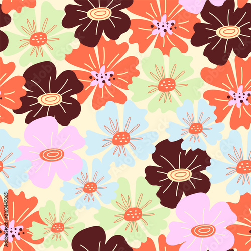 Floral seamless pattern in bright colors. Retro background, summer mood. Blossom floral seamless print. Vector pattern for various surface. Creative floral design. Blooming meadow background