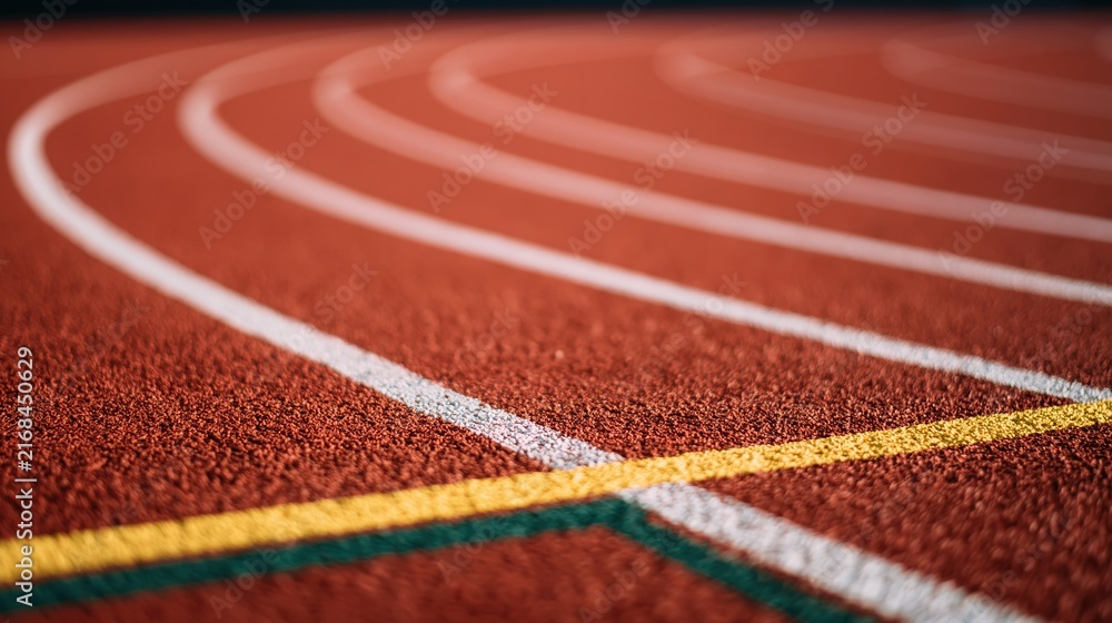 Obraz premium Close-up perspective of a vibrant red athletic running track with white and yellow lane lines